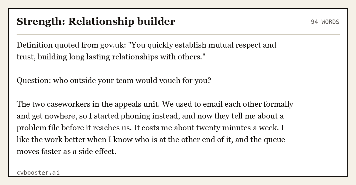 Complete Strength: Relationship builder example, 94 words, laid out as it would sit in the application form