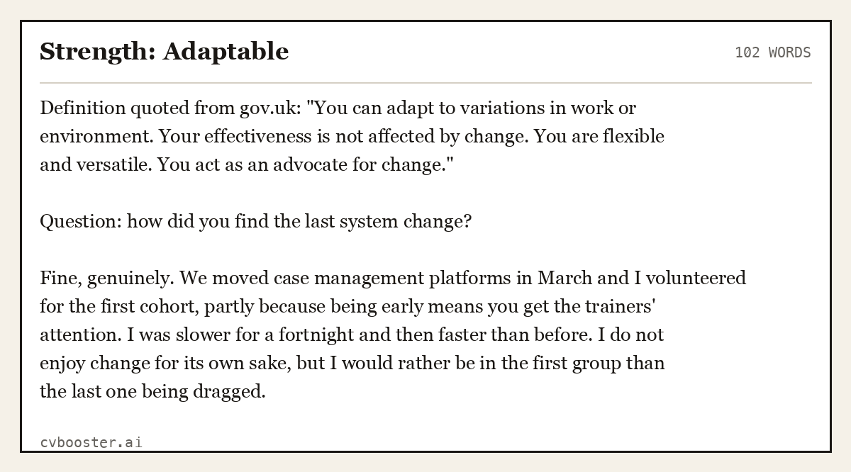 Complete Strength: Adaptable example, 102 words, laid out as it would sit in the application form