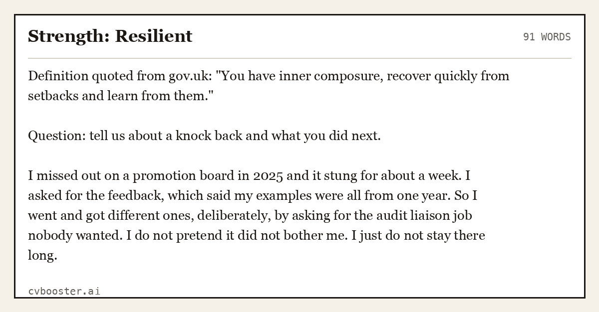 Complete Strength: Resilient example, 91 words, laid out as it would sit in the application form