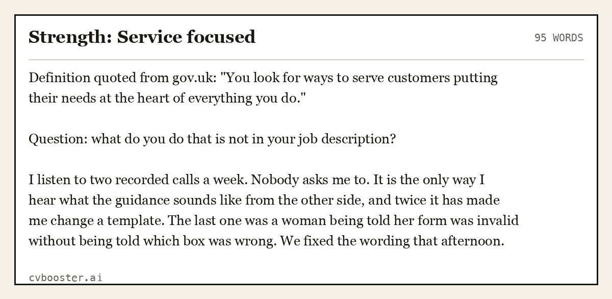 Complete Strength: Service focused example, 95 words, laid out as it would sit in the application form