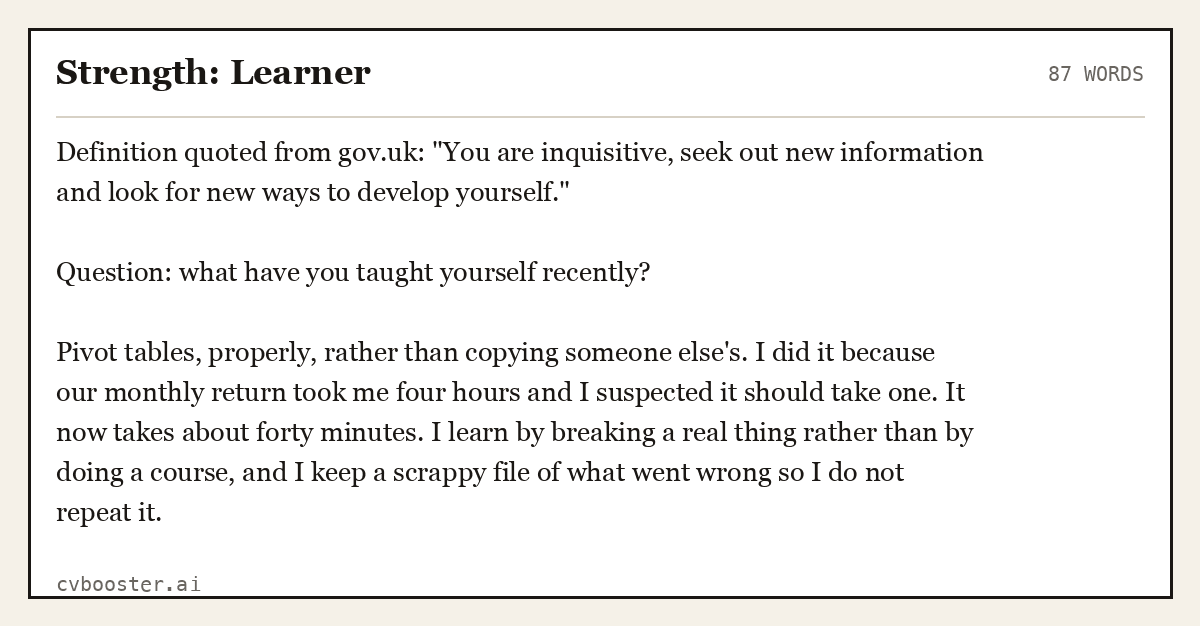 Complete Strength: Learner example, 87 words, laid out as it would sit in the application form