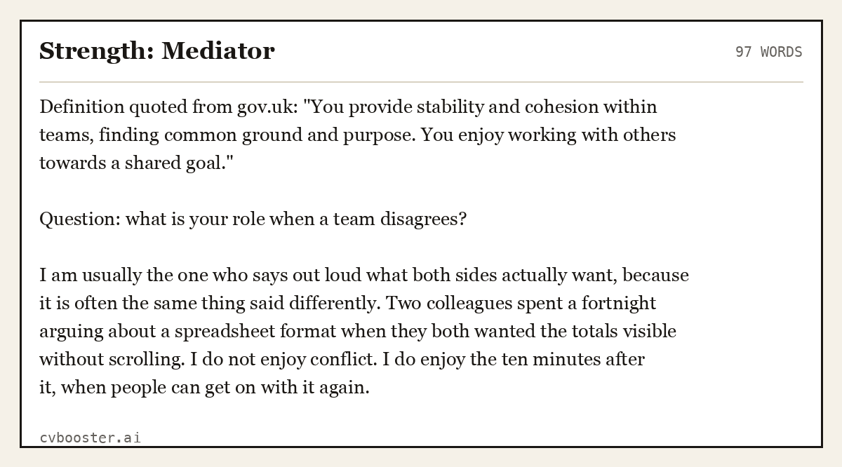 Complete Strength: Mediator example, 97 words, laid out as it would sit in the application form