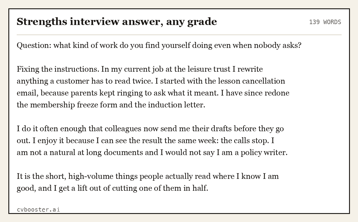 Complete Strengths interview answer, any grade example, 139 words, laid out as it would sit in the application form