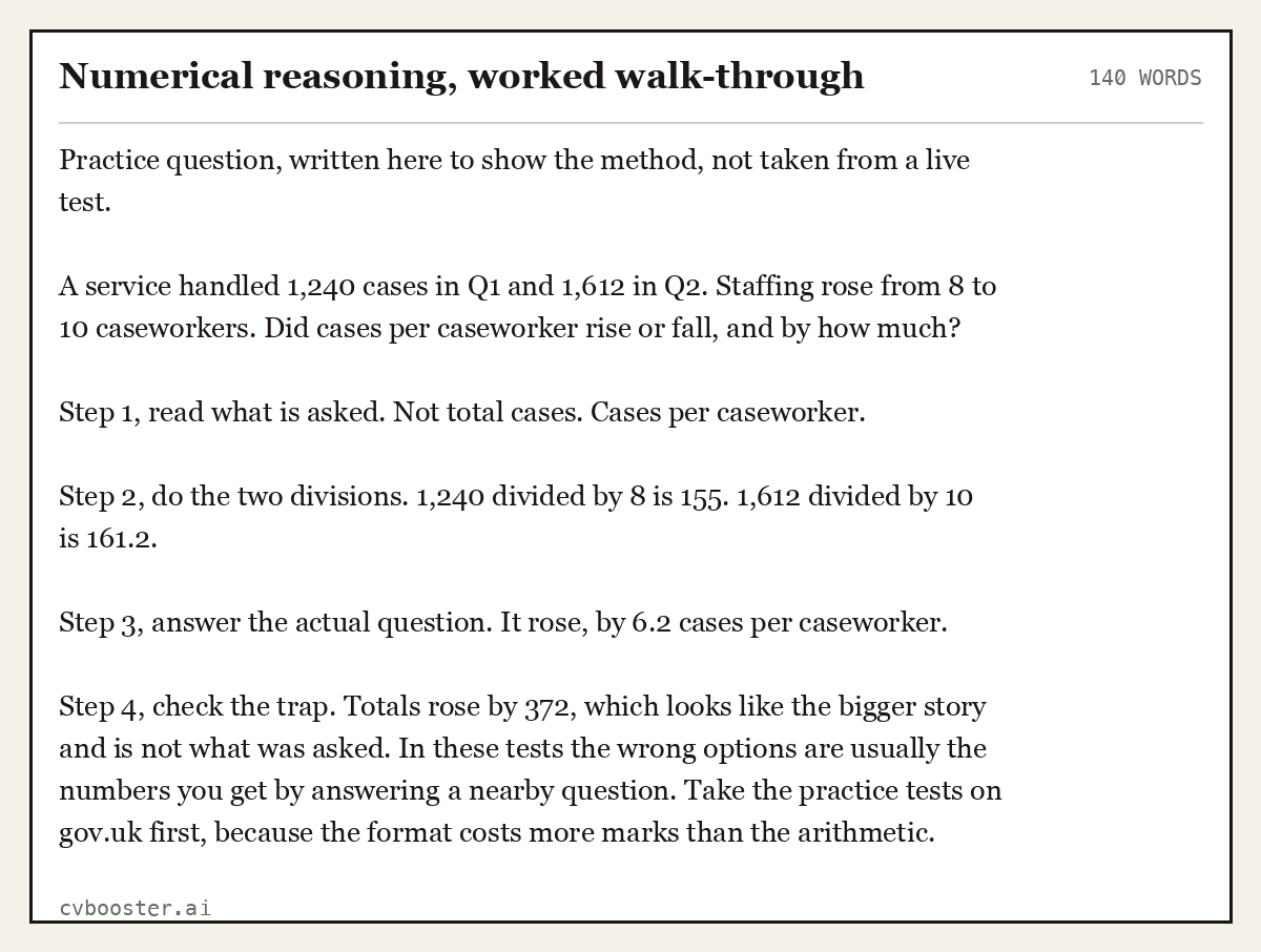 Complete Numerical reasoning, worked walk-through example, 140 words, laid out as it would sit in the application form