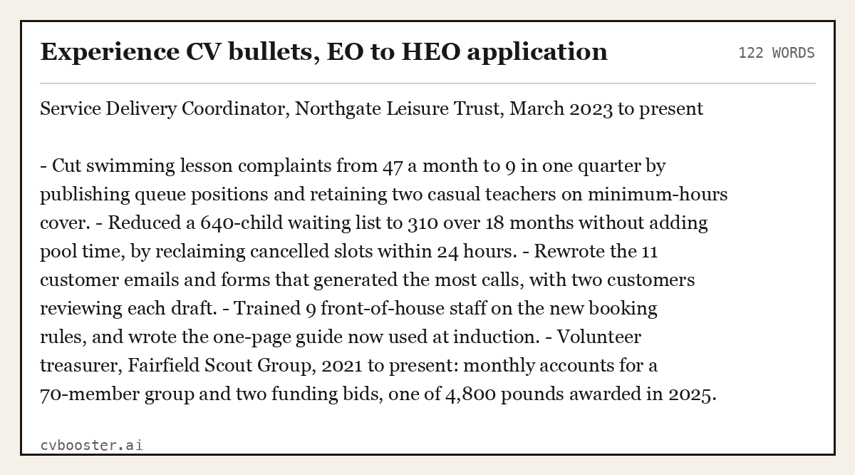 Complete Experience CV bullets, EO to HEO application example, 122 words, laid out as it would sit in the application form
