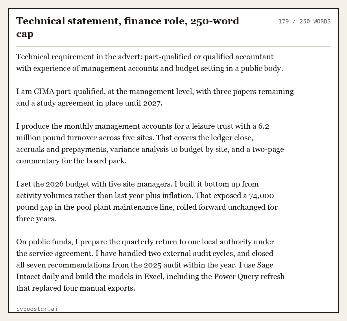Complete Technical statement, finance role, 250-word cap example, 179 words, laid out as it would sit in the application form