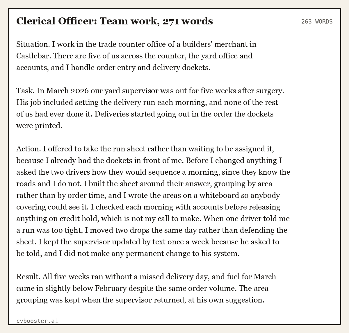 Complete Clerical Officer: Team work example, 263 words, laid out as it would sit in the application form
