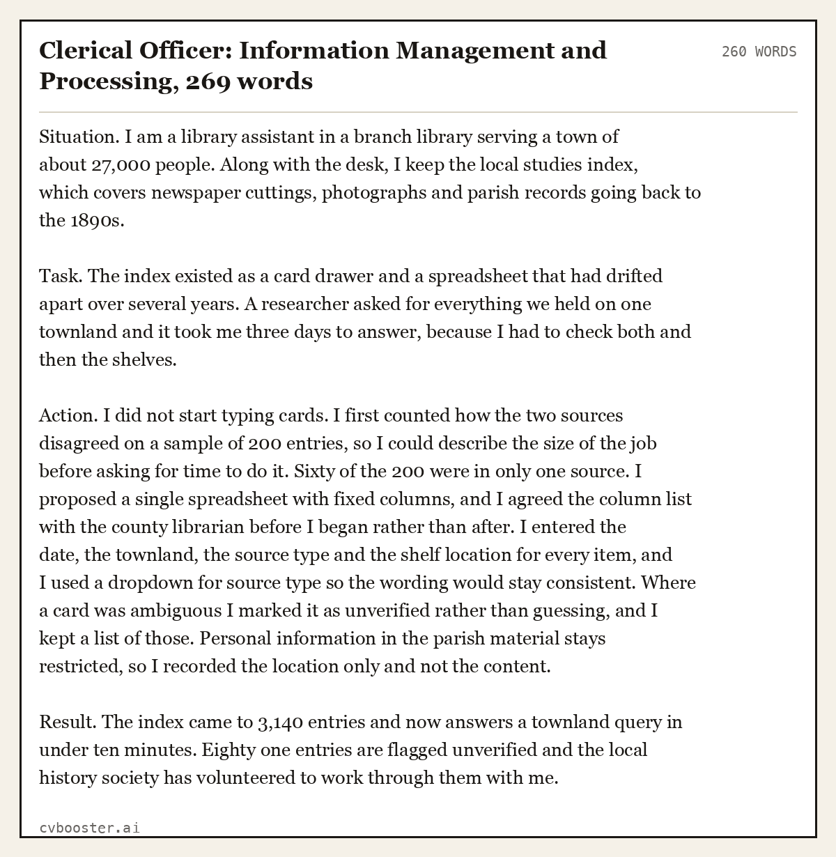 Complete Clerical Officer: Information Management and Processing example, 260 words, laid out as it would sit in the application form