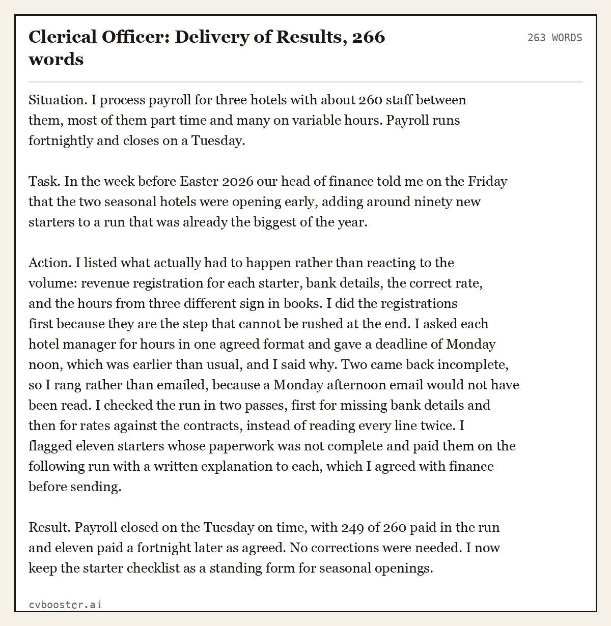 Complete Clerical Officer: Delivery of Results example, 263 words, laid out as it would sit in the application form