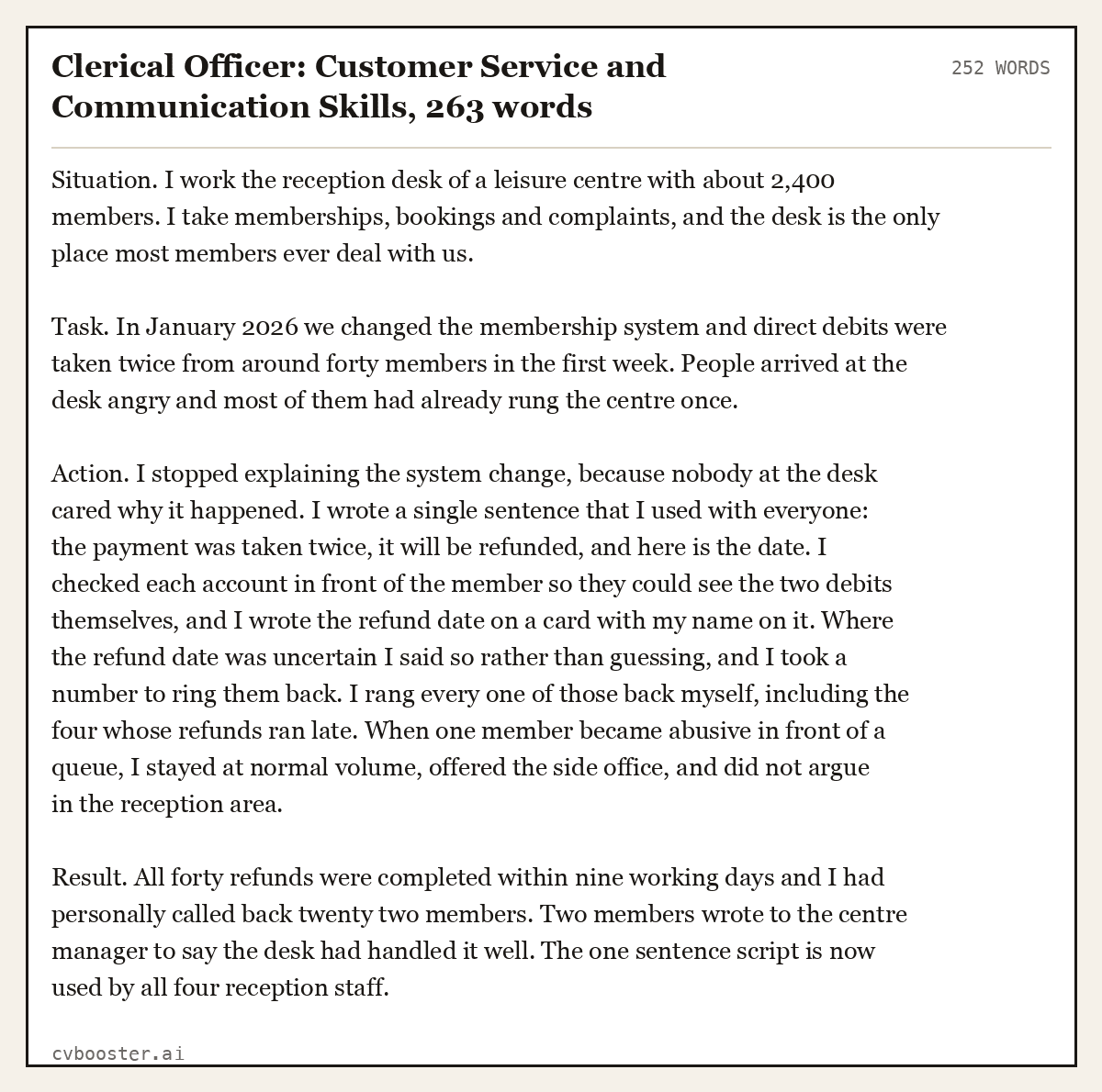 Complete Clerical Officer: Customer Service and Communication Skills example, 252 words, laid out as it would sit in the application form