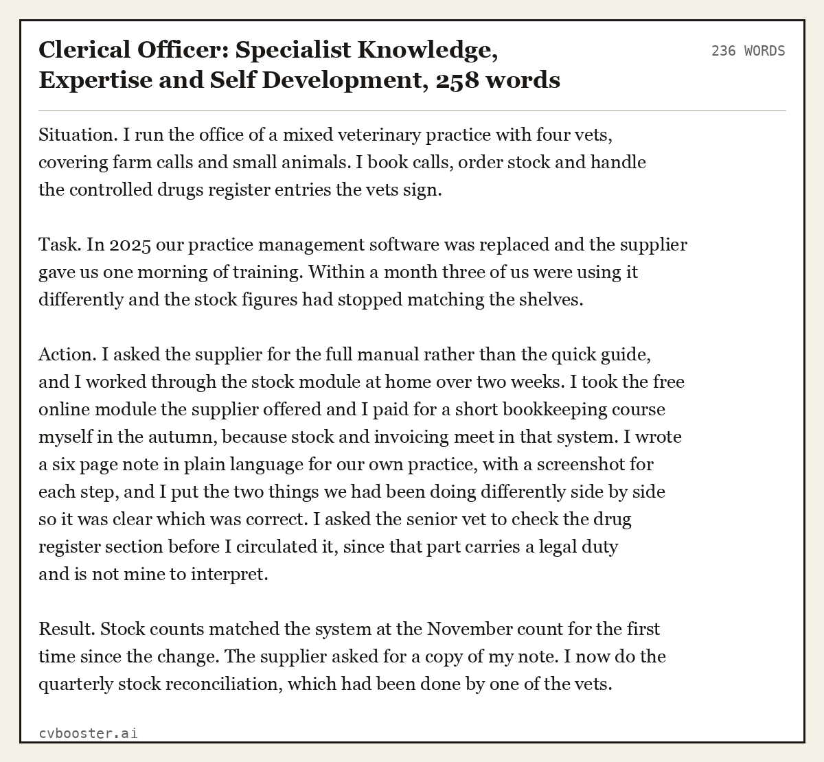 Complete Clerical Officer: Specialist Knowledge, Expertise and Self Development example, 236 words, laid out as it would sit in the application form