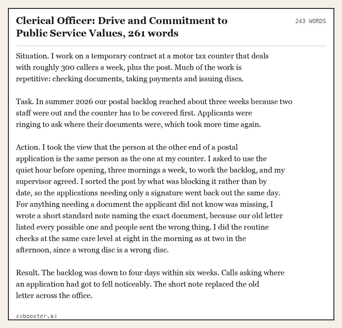 Complete Clerical Officer: Drive and Commitment to Public Service Values example, 243 words, laid out as it would sit in the application form