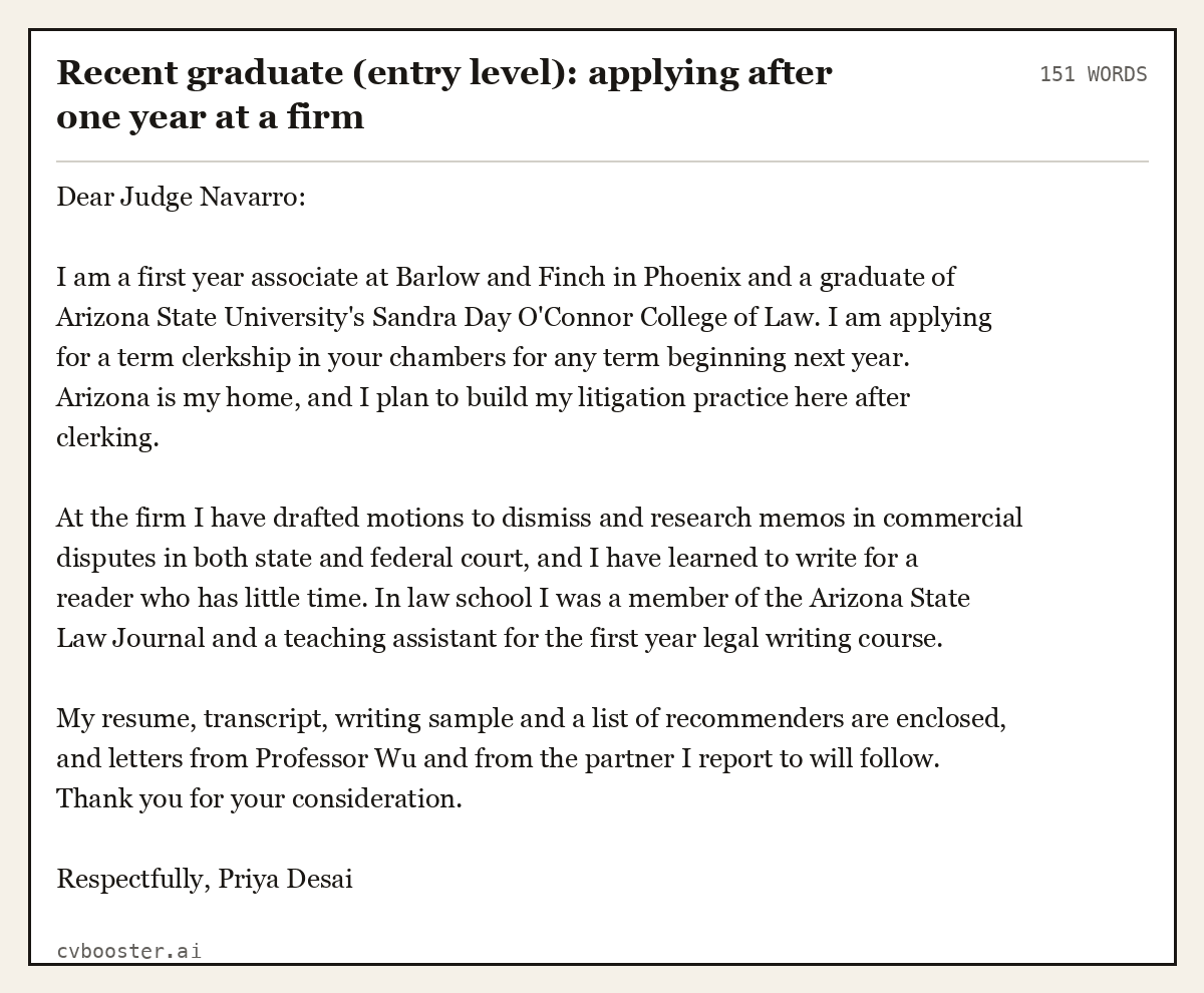 Complete Recent graduate (entry level): applying after one year at a firm example, 151 words, laid out as it would sit in the application form
