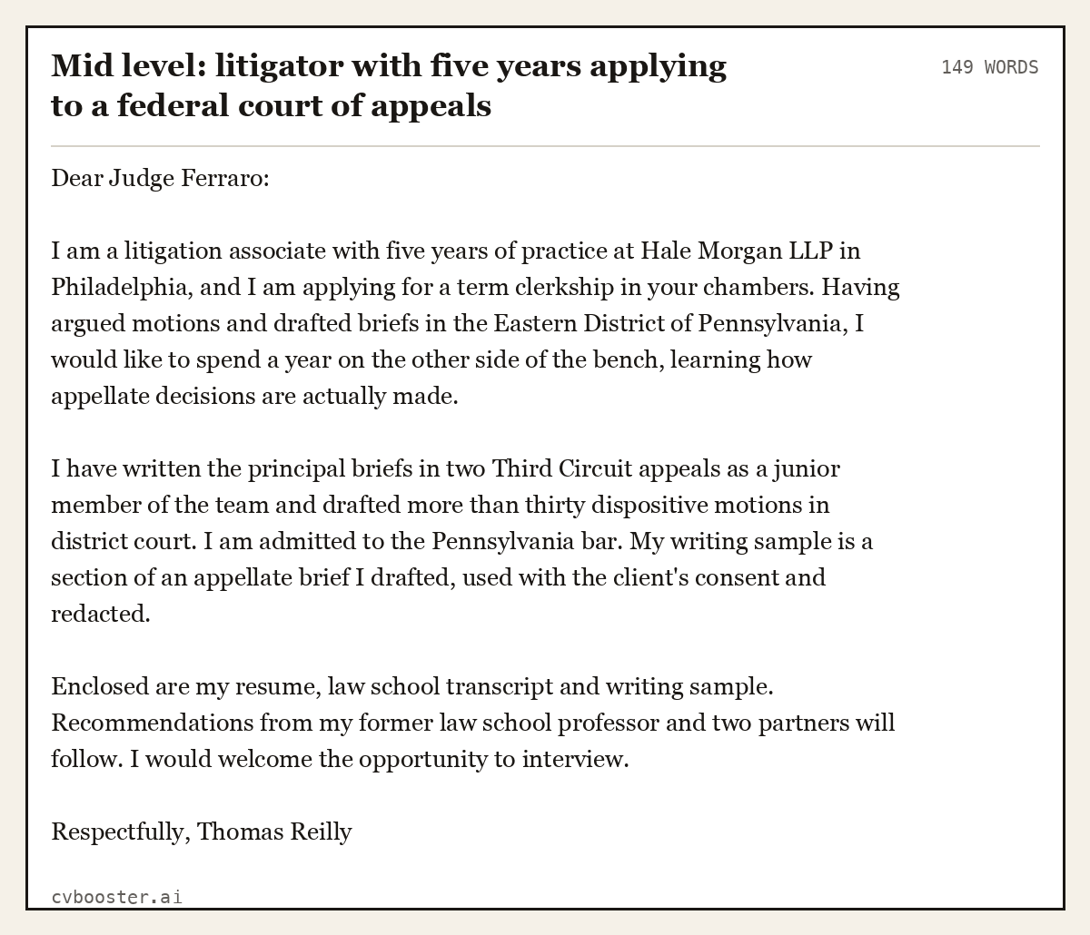Complete Mid level: litigator with five years applying to a federal court of appeals example, 149 words, laid out as it would sit in the application form