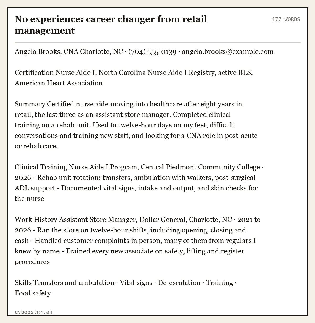 Complete No experience: career changer from retail management example, 177 words, laid out as it would sit in the application form