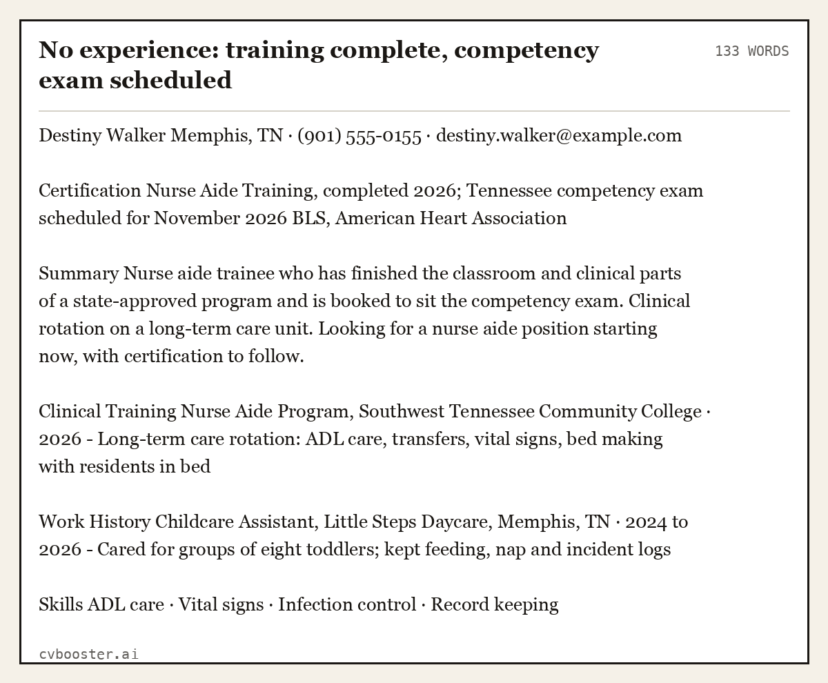 Complete No experience: training complete, competency exam scheduled example, 133 words, laid out as it would sit in the application form