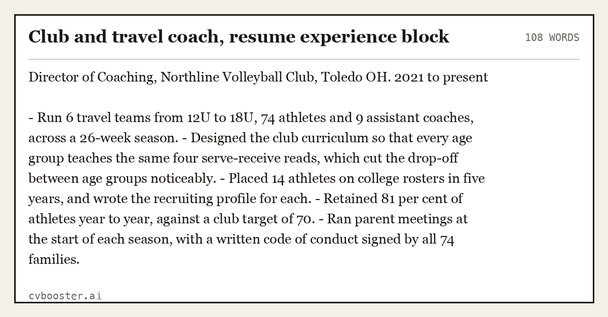 Complete Club and travel coach, resume experience block example, 108 words, laid out as it would sit in the application form
