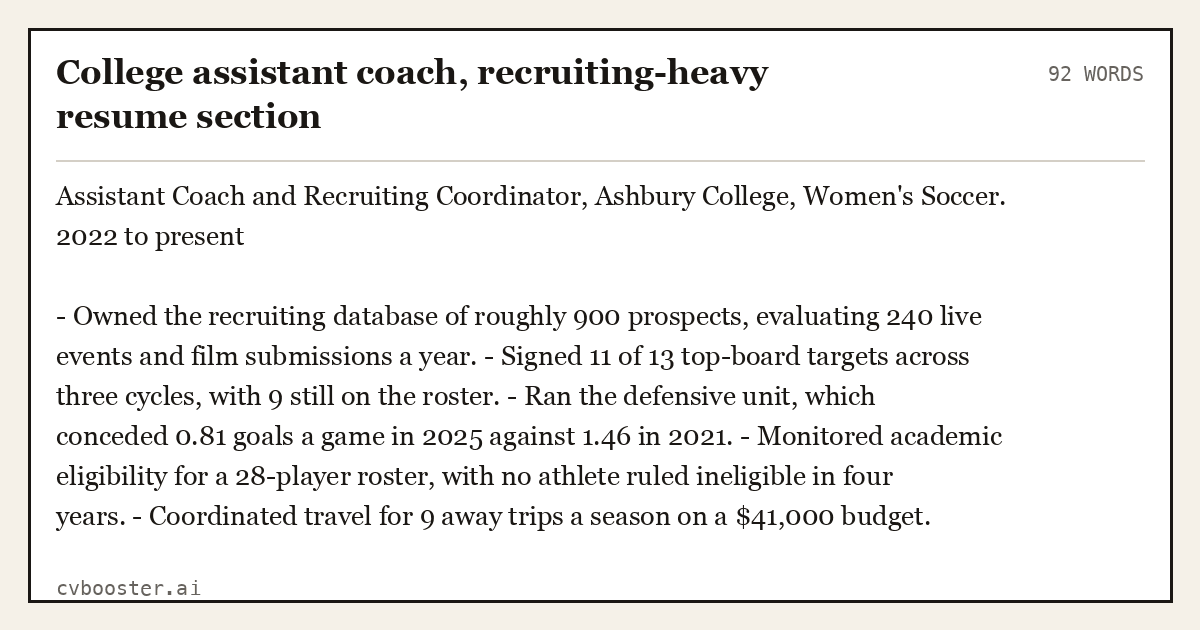 Complete College assistant coach, recruiting-heavy resume section example, 92 words, laid out as it would sit in the application form