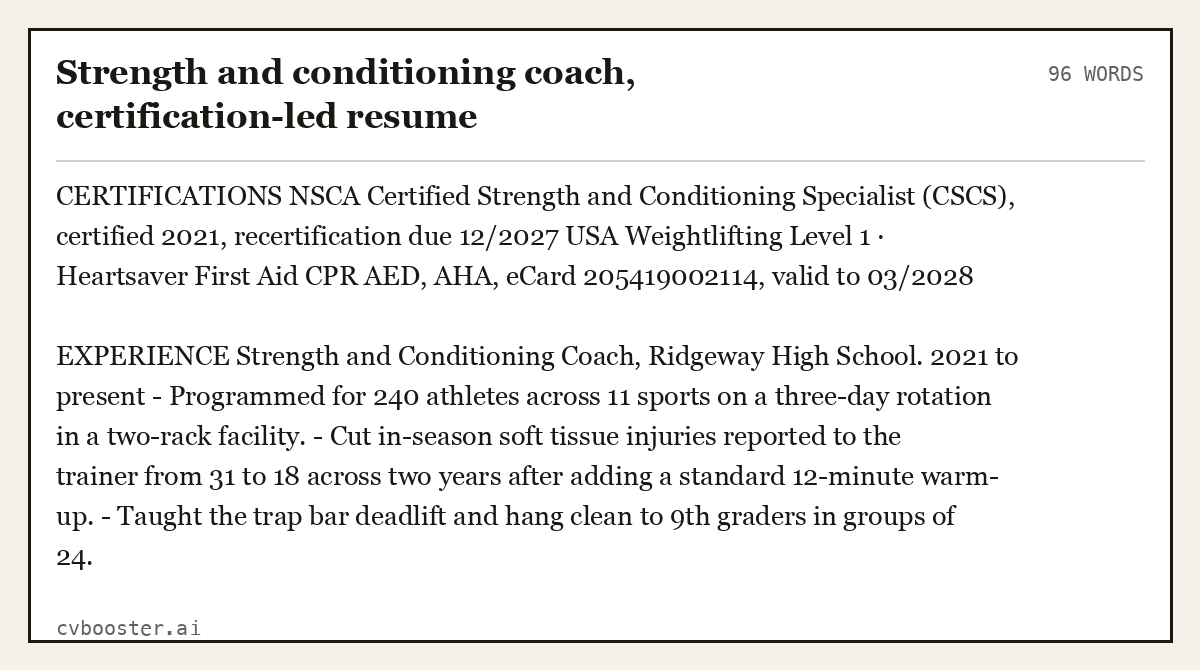 Complete Strength and conditioning coach, certification-led resume example, 96 words, laid out as it would sit in the application form