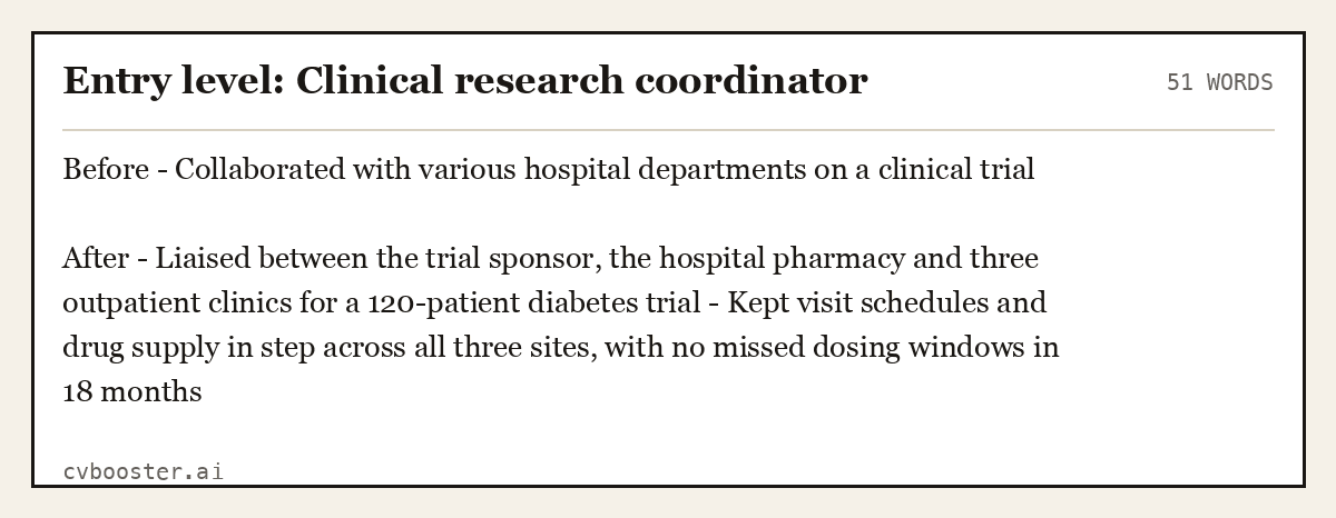 Complete Entry level: Clinical research coordinator example, 51 words, laid out as it would sit in the application form