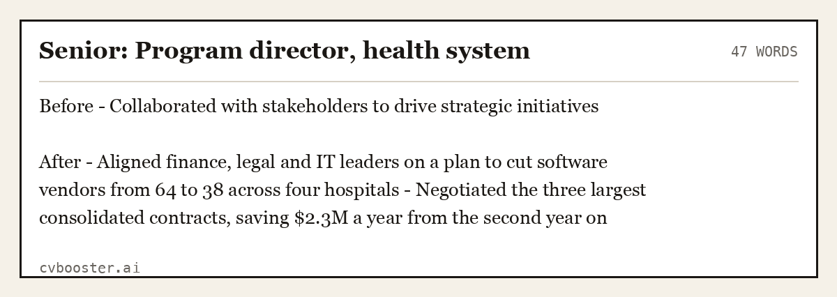 Complete Senior: Program director, health system example, 47 words, laid out as it would sit in the application form
