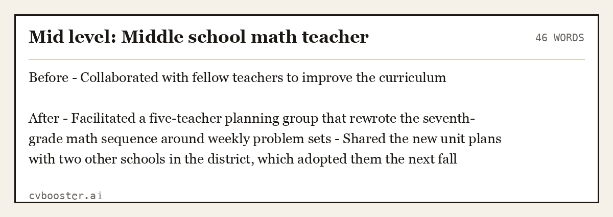 Complete Mid level: Middle school math teacher example, 46 words, laid out as it would sit in the application form