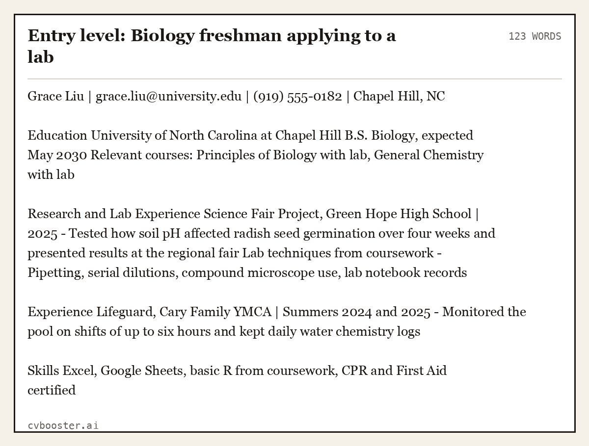 Complete Entry level: Biology freshman applying to a lab example, 123 words, laid out as it would sit in the application form