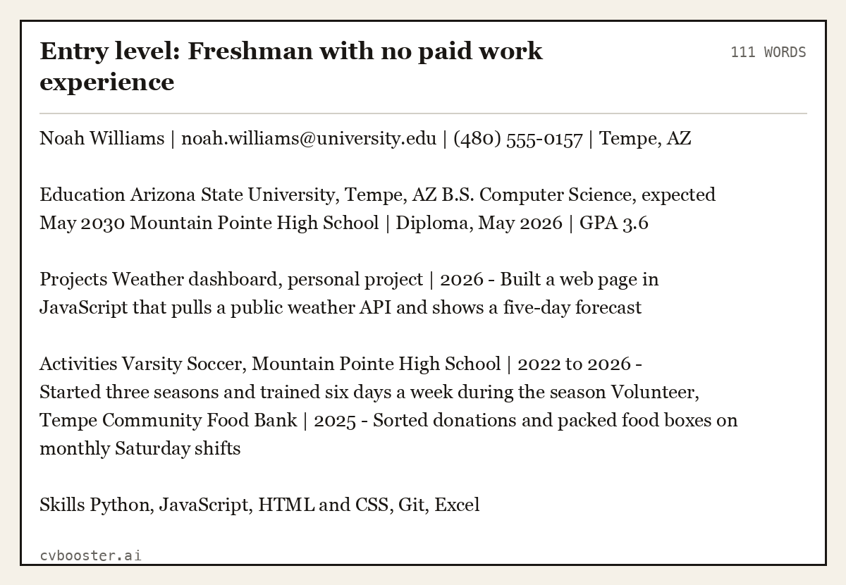 Complete Entry level: Freshman with no paid work experience example, 111 words, laid out as it would sit in the application form