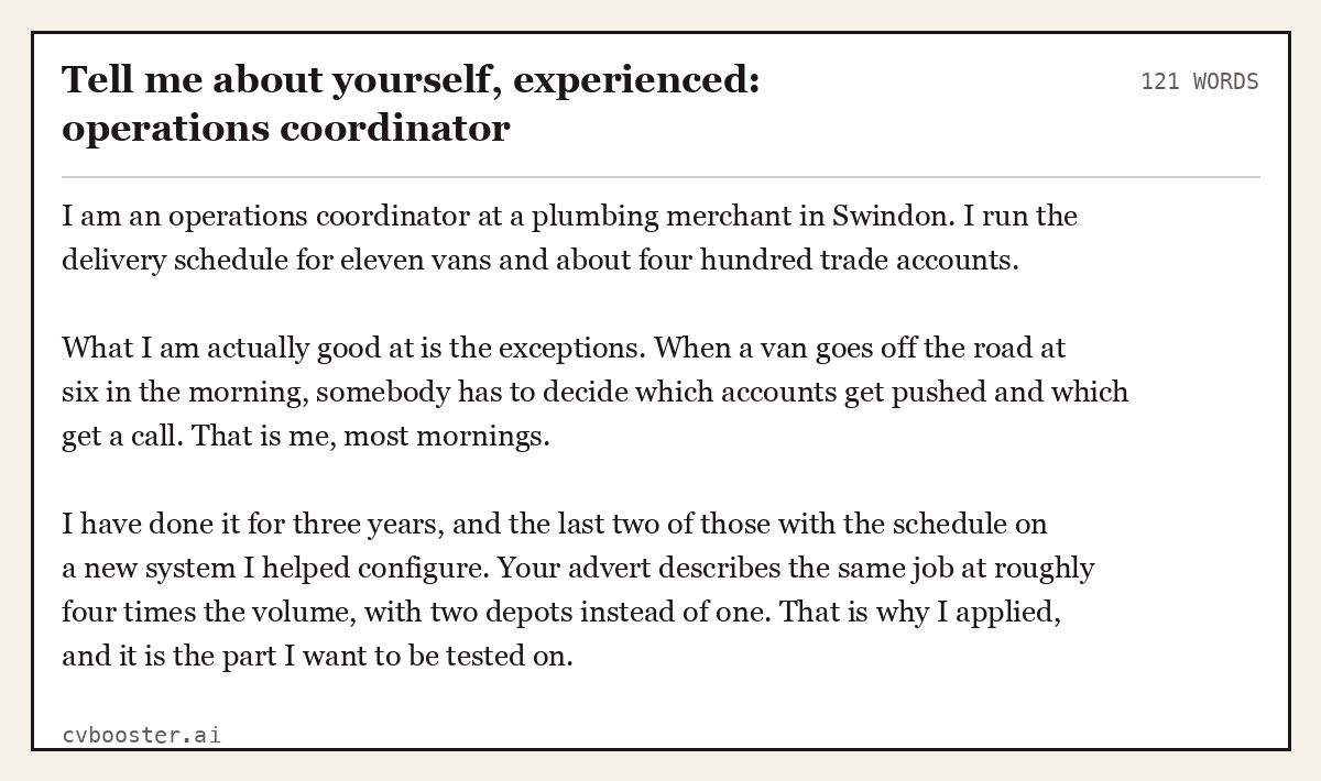 Complete Tell me about yourself, experienced: operations coordinator example, 121 words, laid out as it would sit in the application form