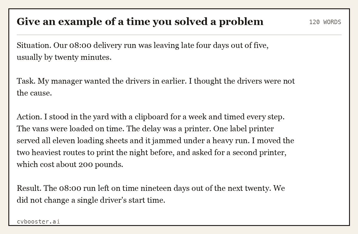 Full interview answer to "Give an example of a time you solved a problem", 120 words, labelled Situation, Task, Action, Result
