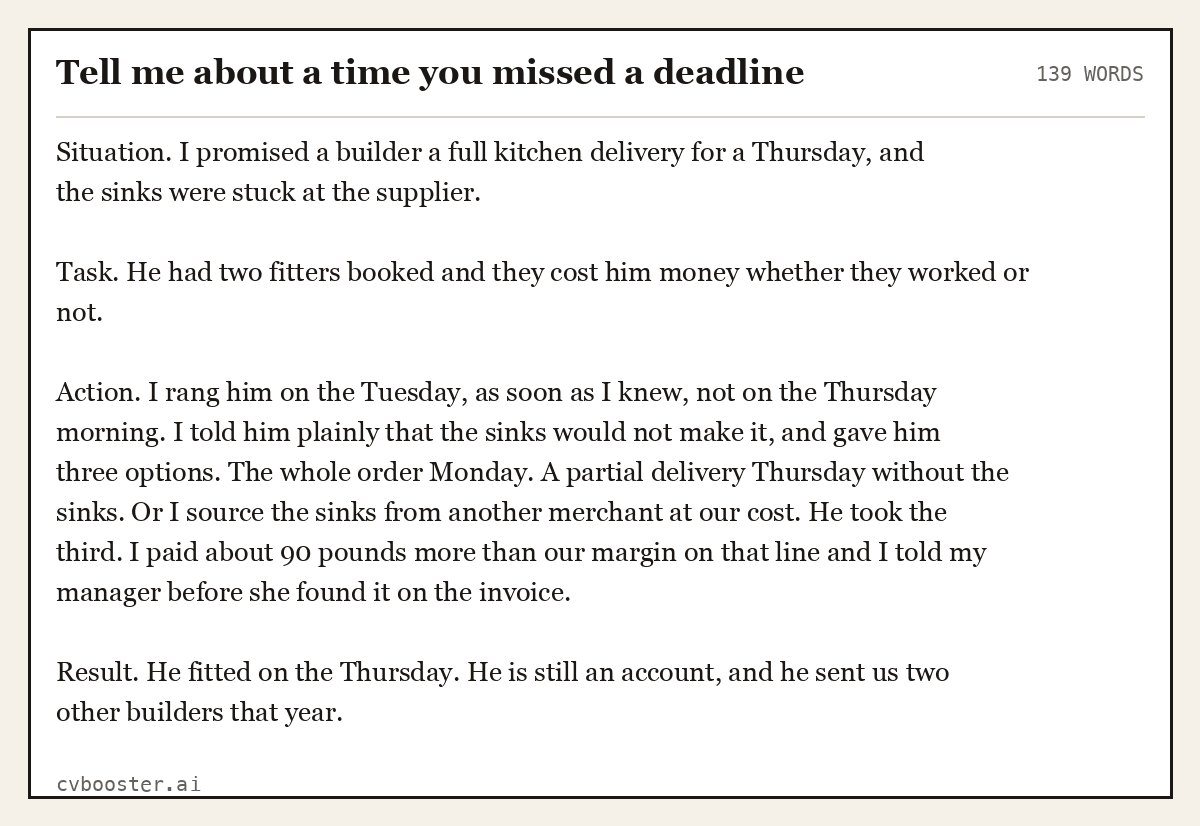 Full interview answer to "Tell me about a time you missed a deadline", 139 words, labelled Situation, Task, Action, Result