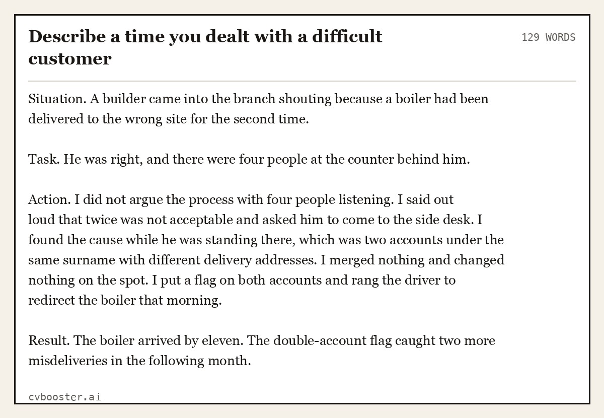 Full interview answer to "Describe a time you dealt with a difficult customer", 129 words, labelled Situation, Task, Action, Result