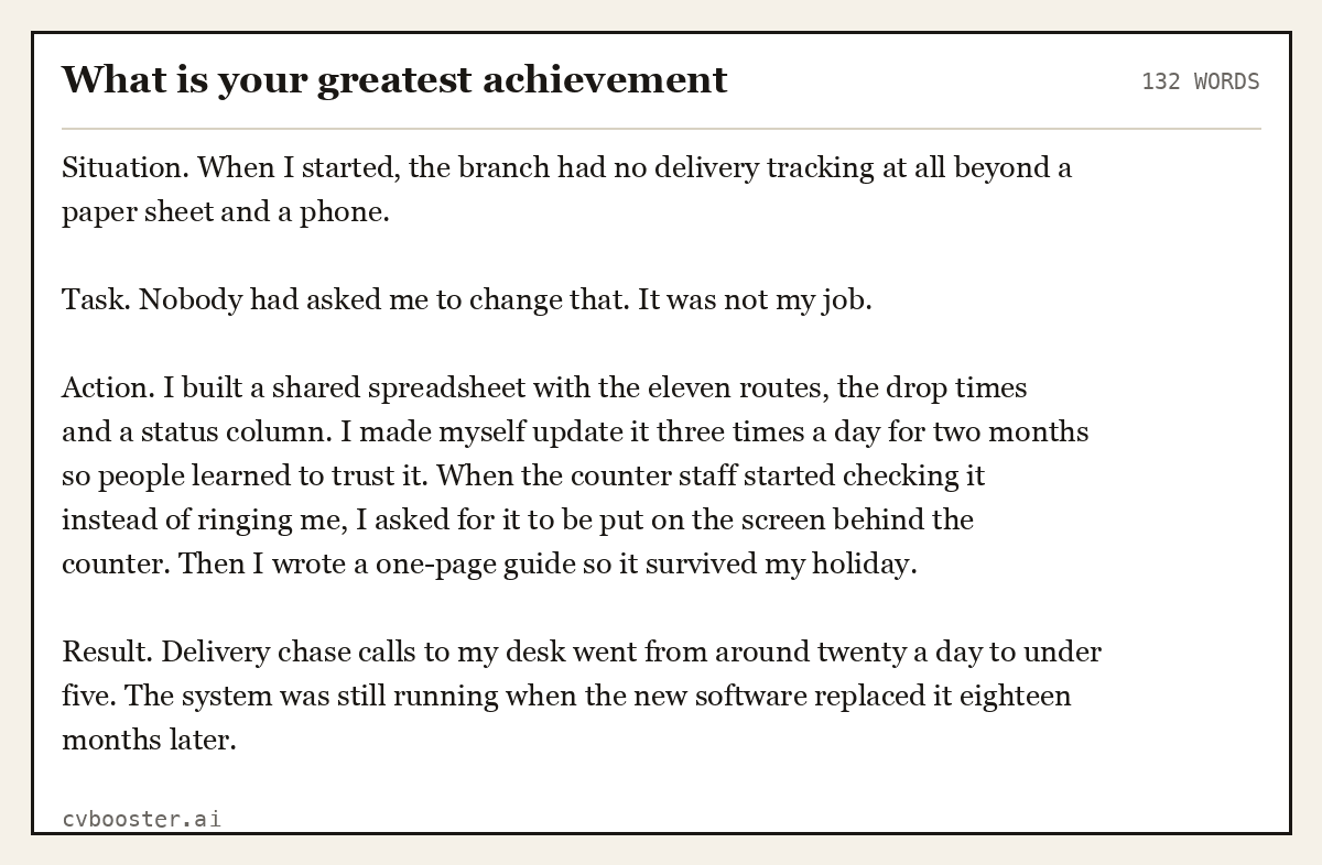 Full interview answer to "What is your greatest achievement", 132 words, labelled Situation, Task, Action, Result