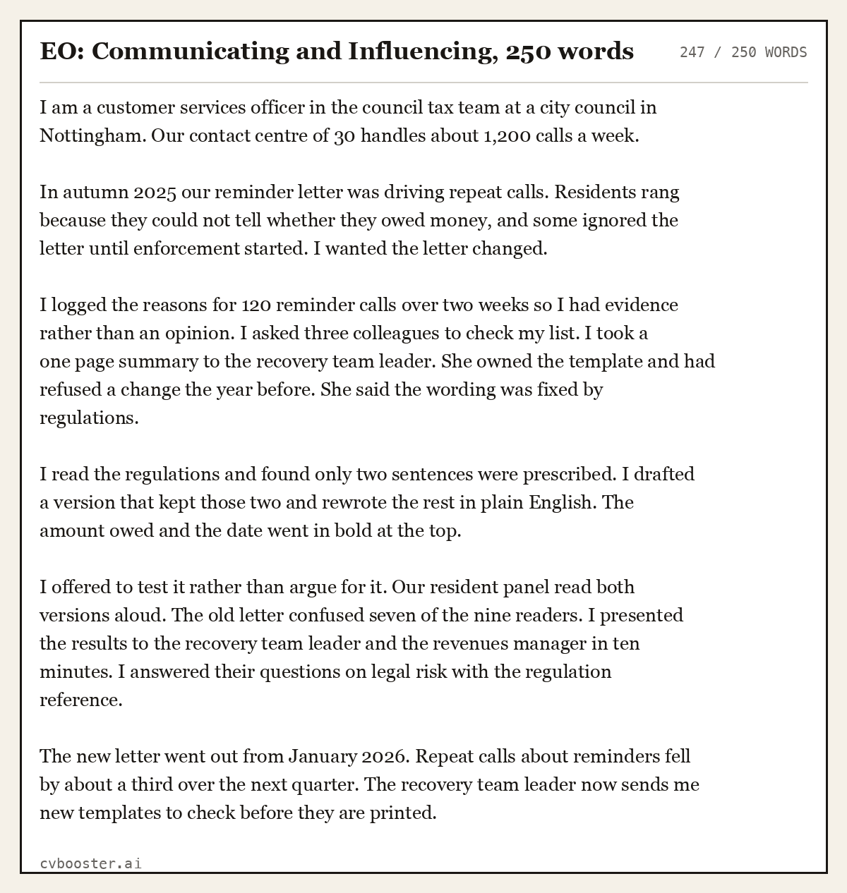 Complete EO: Communicating and Influencing example, 247 words, laid out as it would sit in the application form