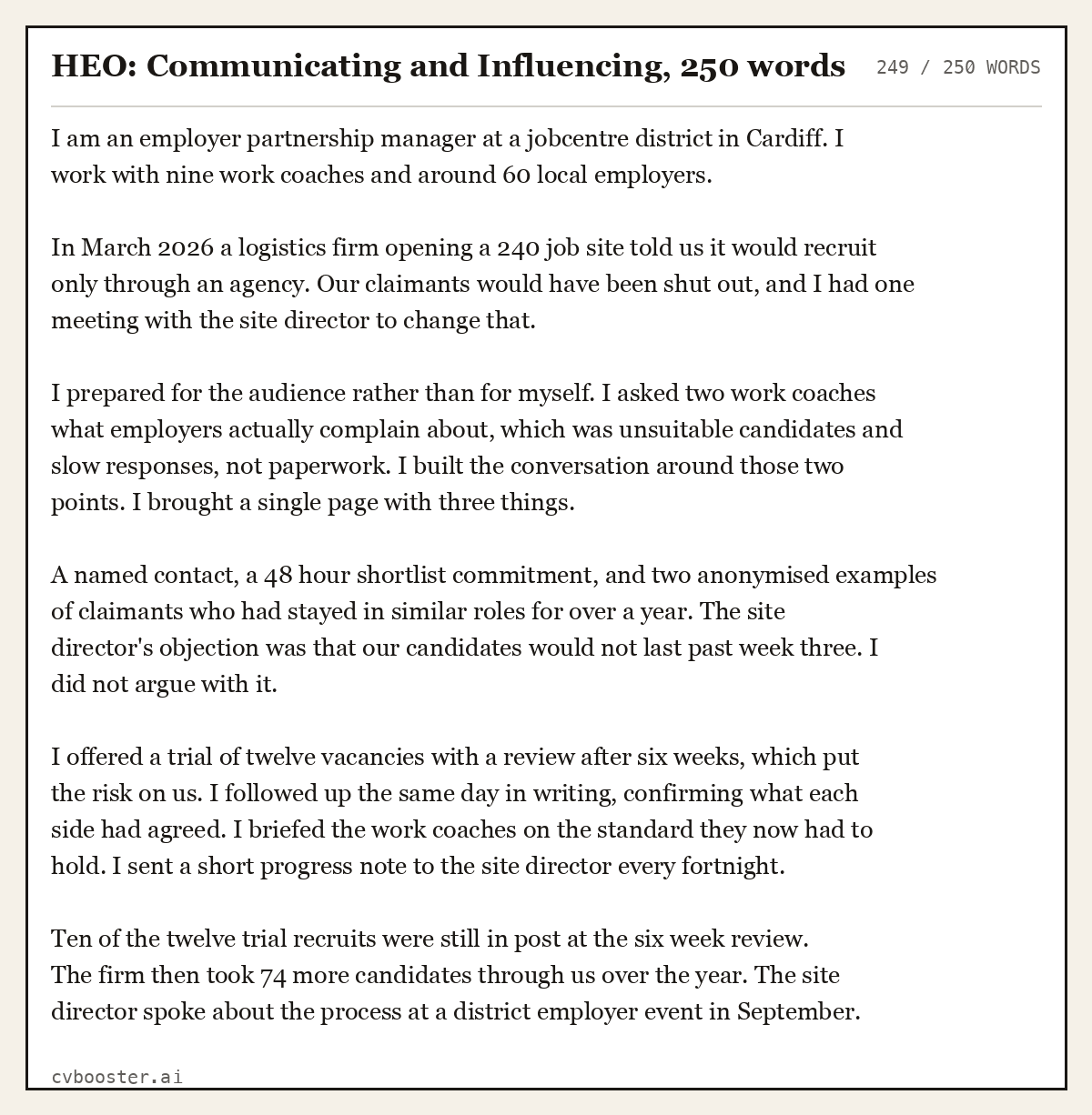 Complete HEO: Communicating and Influencing example, 249 words, laid out as it would sit in the application form