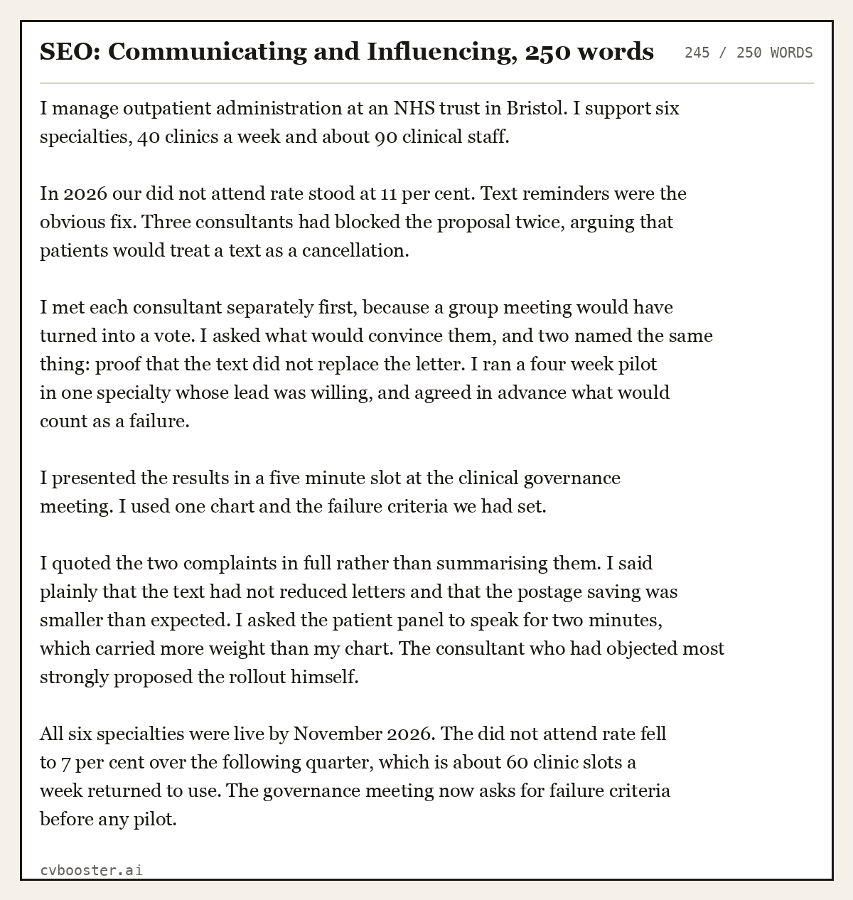 Complete SEO: Communicating and Influencing example, 245 words, laid out as it would sit in the application form