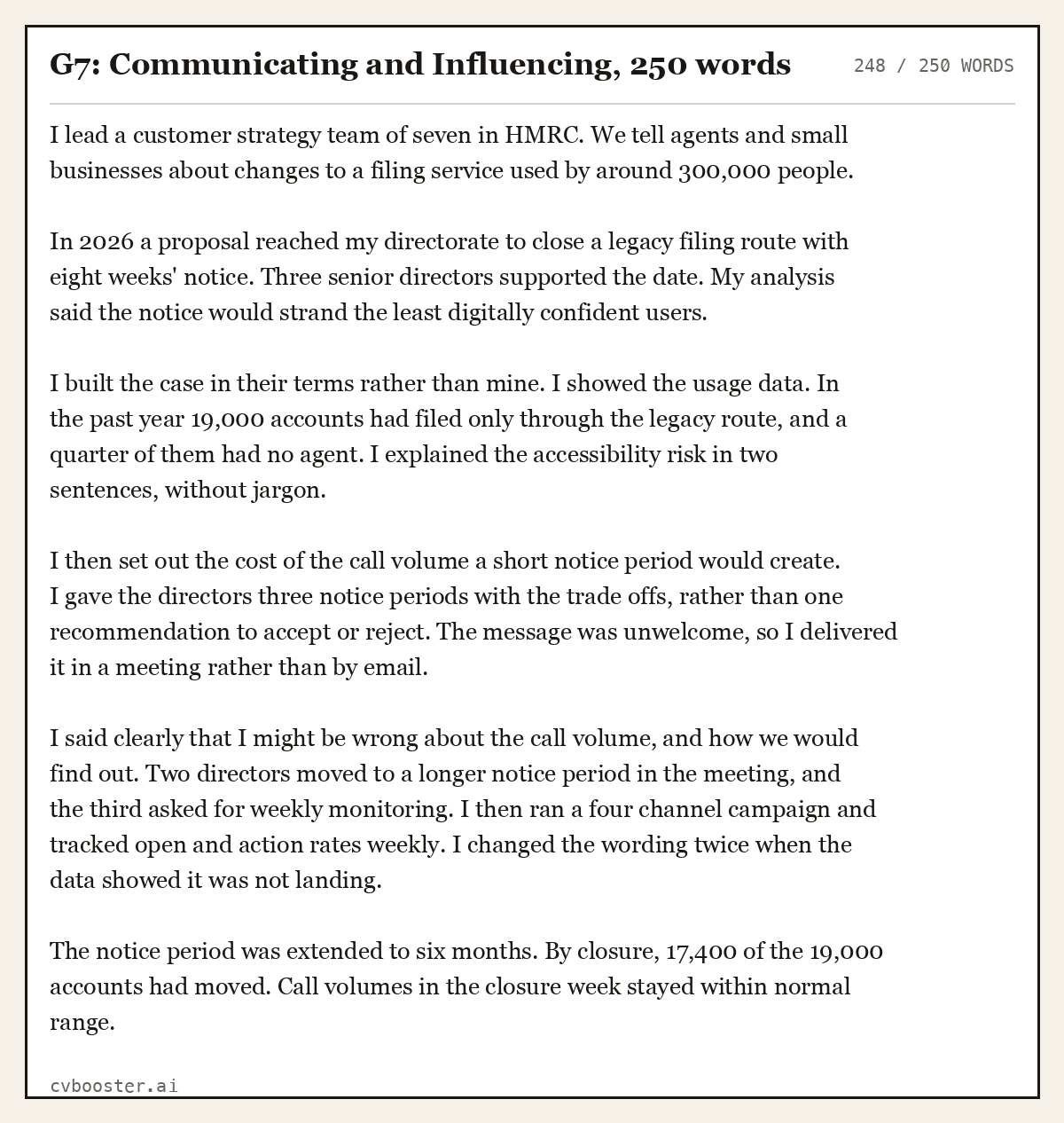 Complete G7: Communicating and Influencing example, 248 words, laid out as it would sit in the application form