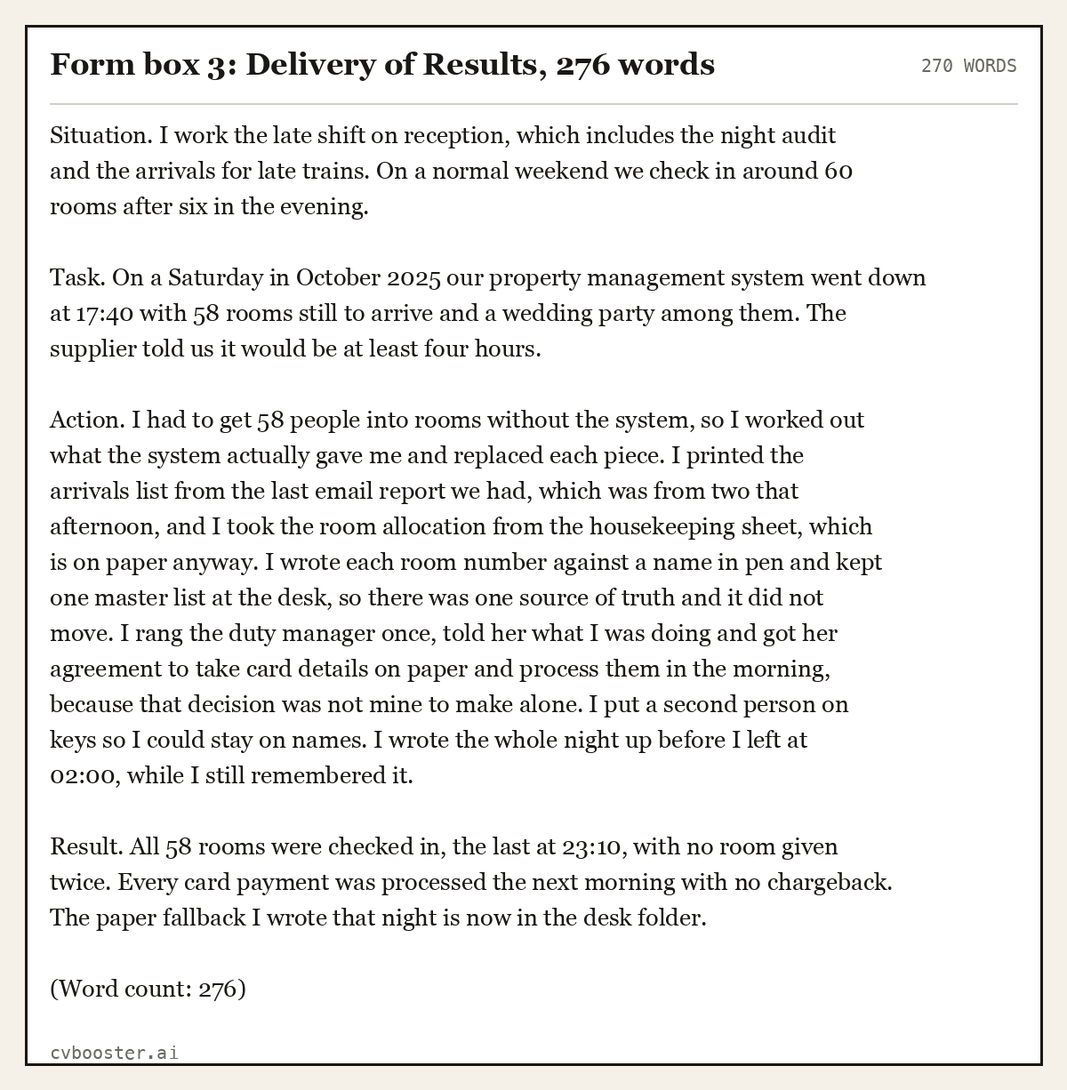 Complete Form box 3: Delivery of Results example, 270 words, laid out as it would sit in the application form