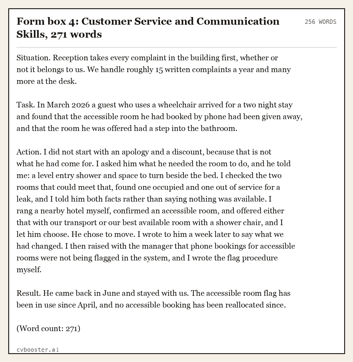 Complete Form box 4: Customer Service and Communication Skills example, 256 words, laid out as it would sit in the application form