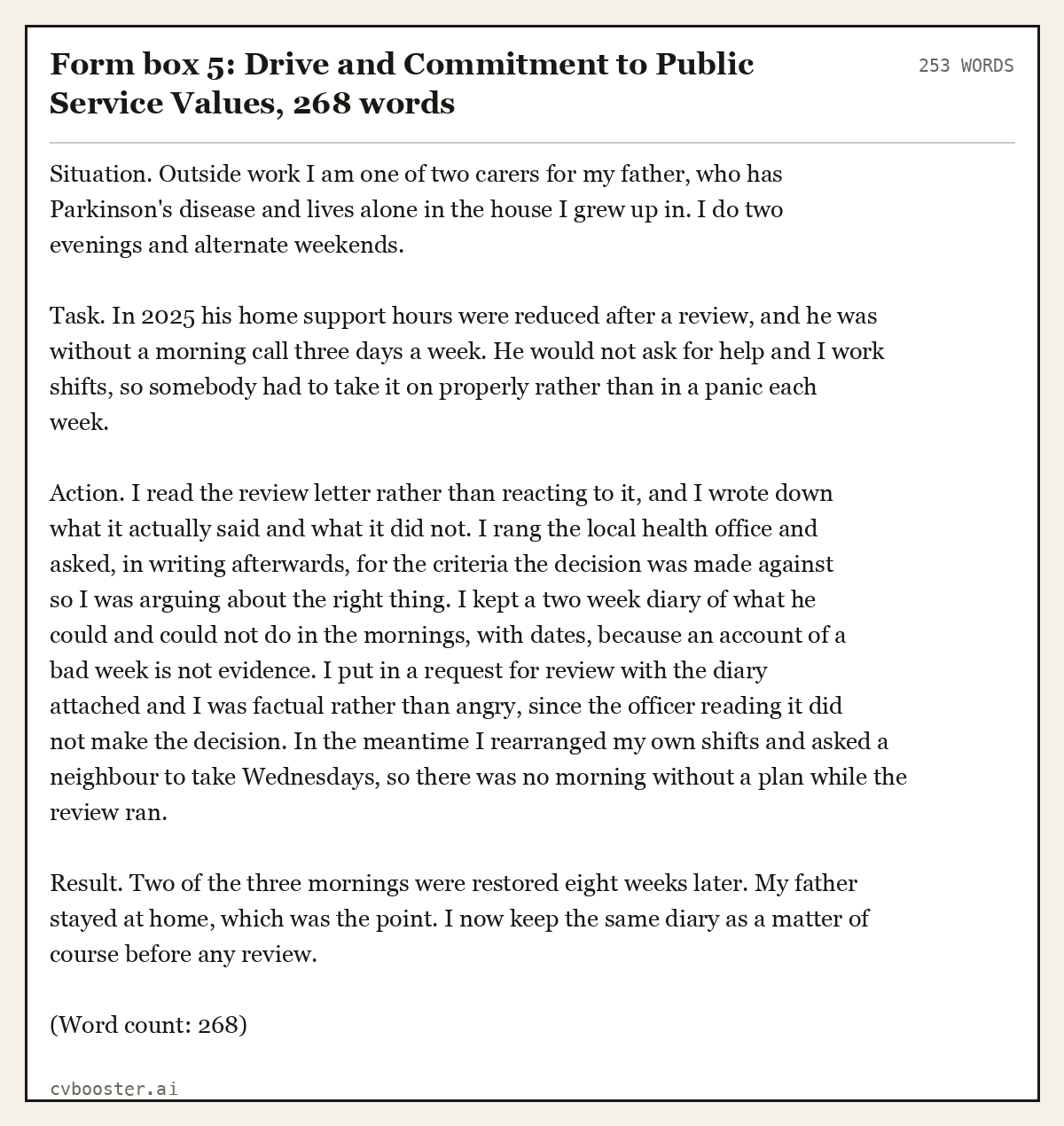 Complete Form box 5: Drive and Commitment to Public Service Values example, 253 words, laid out as it would sit in the application form