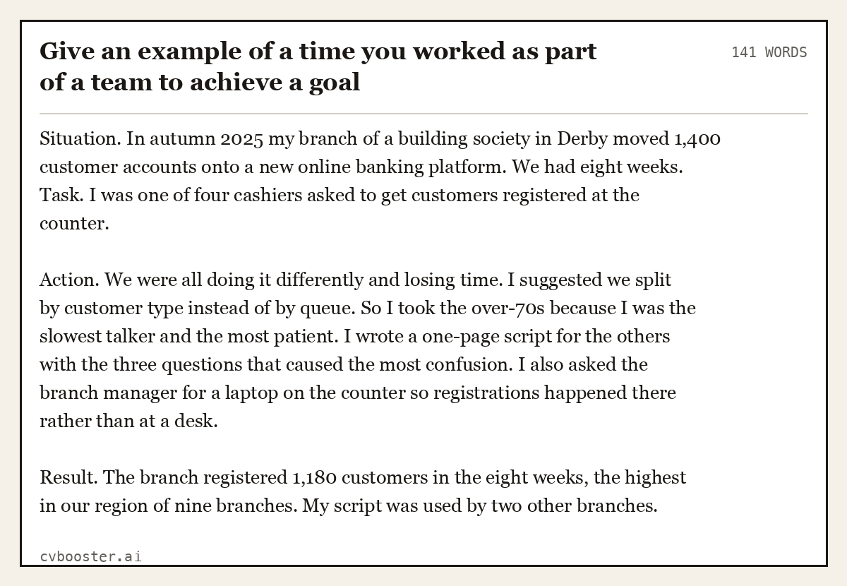 Full interview answer to "Give an example of a time you worked as part of a team to achieve a goal", 141 words, labelled Situation, Task, Action, Result