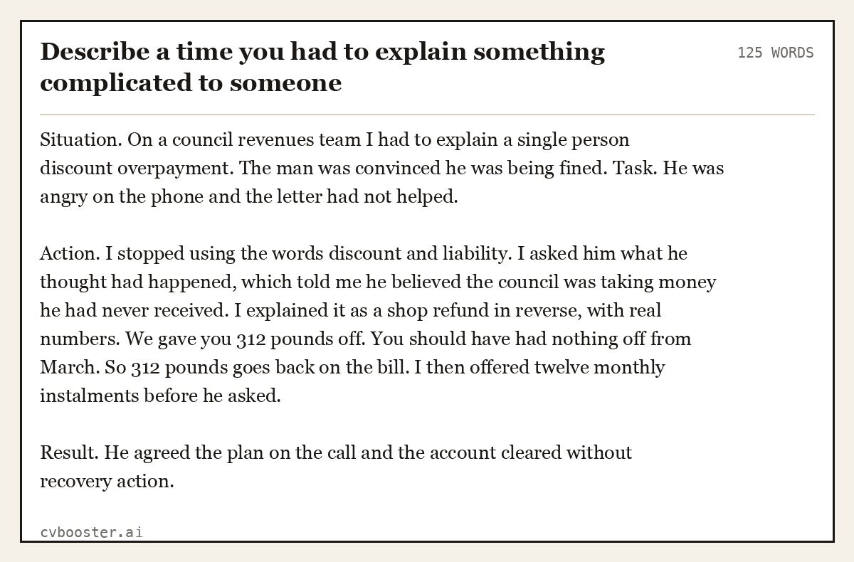 Full interview answer to "Describe a time you had to explain something complicated to someone", 125 words, labelled Situation, Task, Action, Result