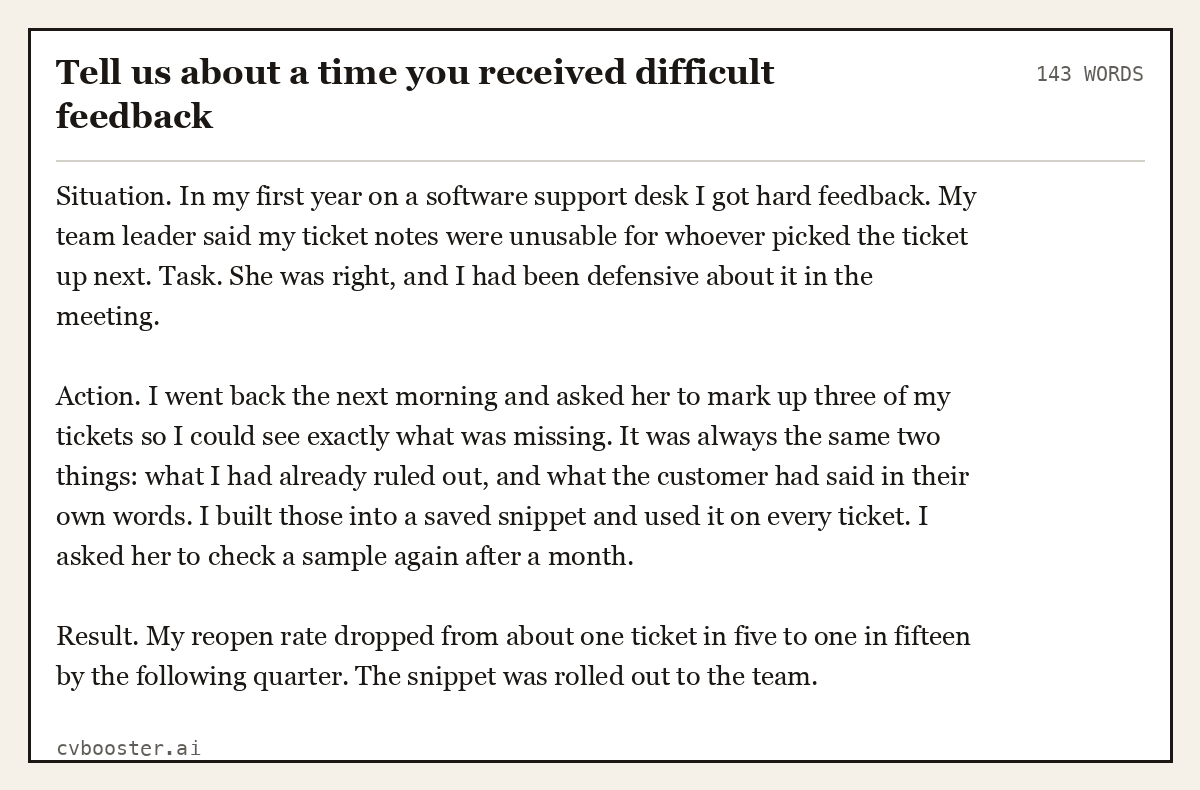 Full interview answer to "Tell us about a time you received difficult feedback", 143 words, labelled Situation, Task, Action, Result