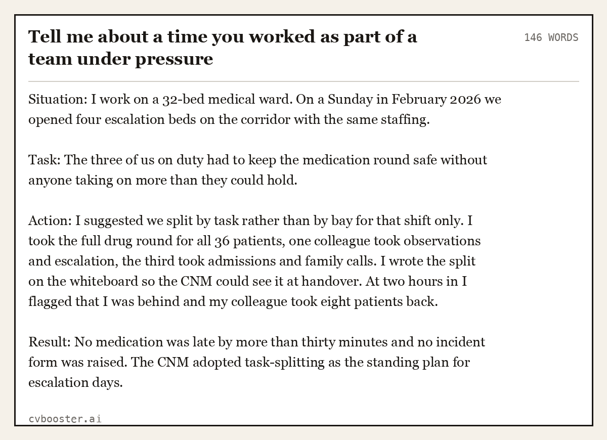 Full interview answer to "Tell me about a time you worked as part of a team under pressure", 146 words, labelled Situation, Task, Action, Result