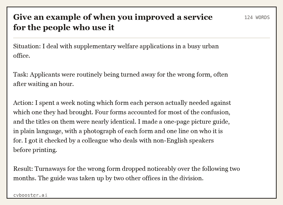 Full interview answer to "Give an example of when you improved a service for the people who use it", 124 words, labelled Situation, Task, Action, Result