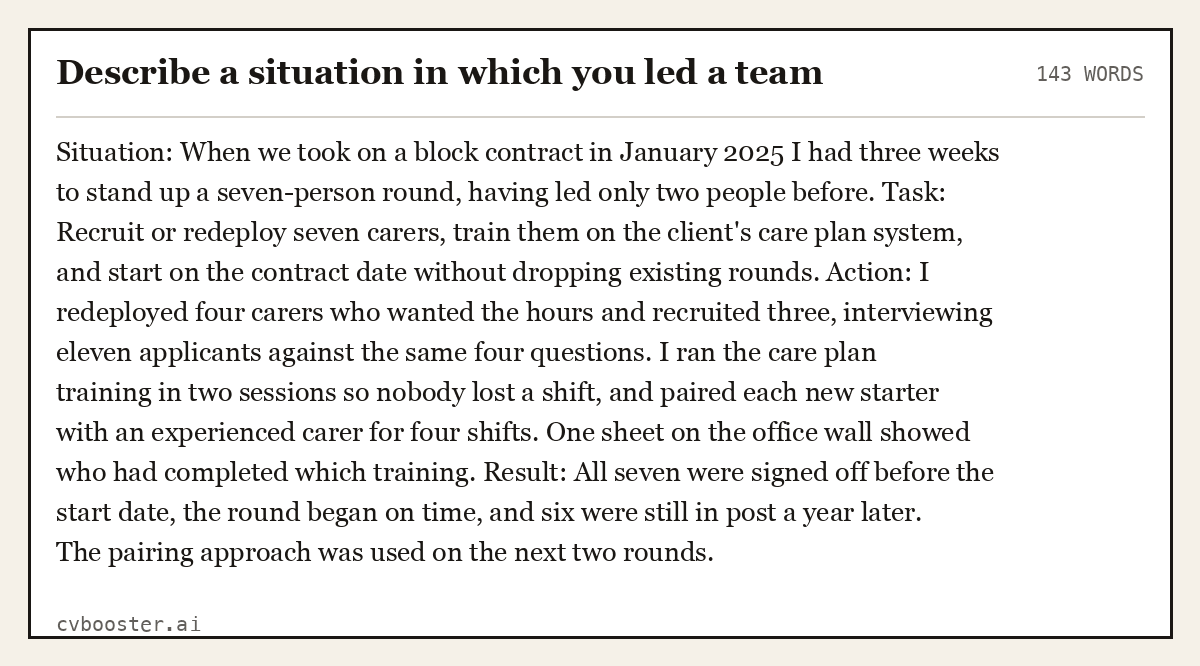 Full interview answer to "Describe a situation in which you led a team", 143 words, labelled Situation, Task, Action, Result