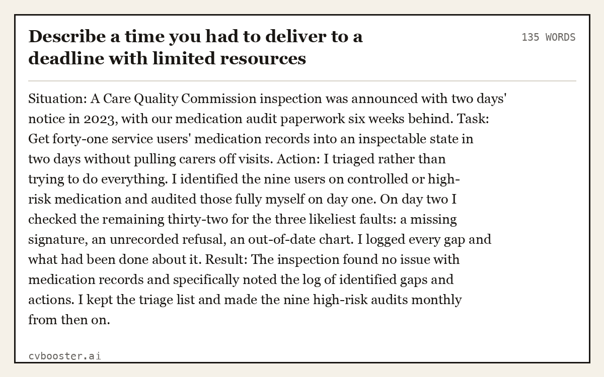 Full interview answer to "Describe a time you had to deliver to a deadline with limited resources", 135 words, labelled Situation, Task, Action, Result