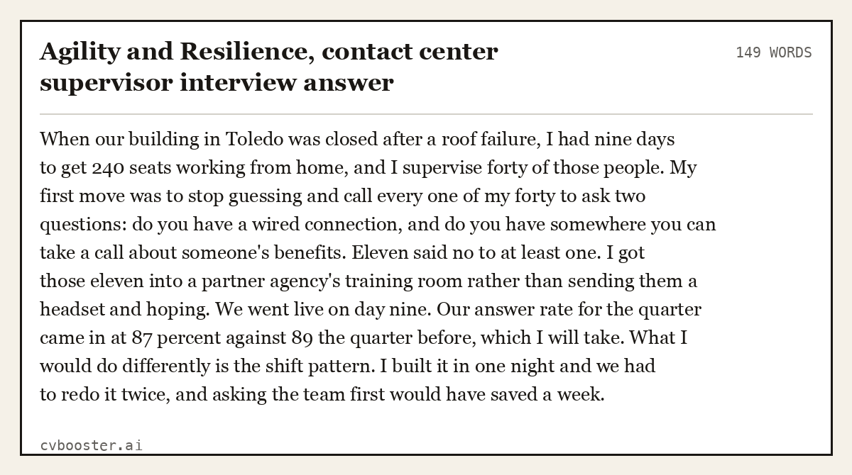 Complete Agility and Resilience, contact center supervisor interview answer example, 149 words, laid out as it would sit in the application form