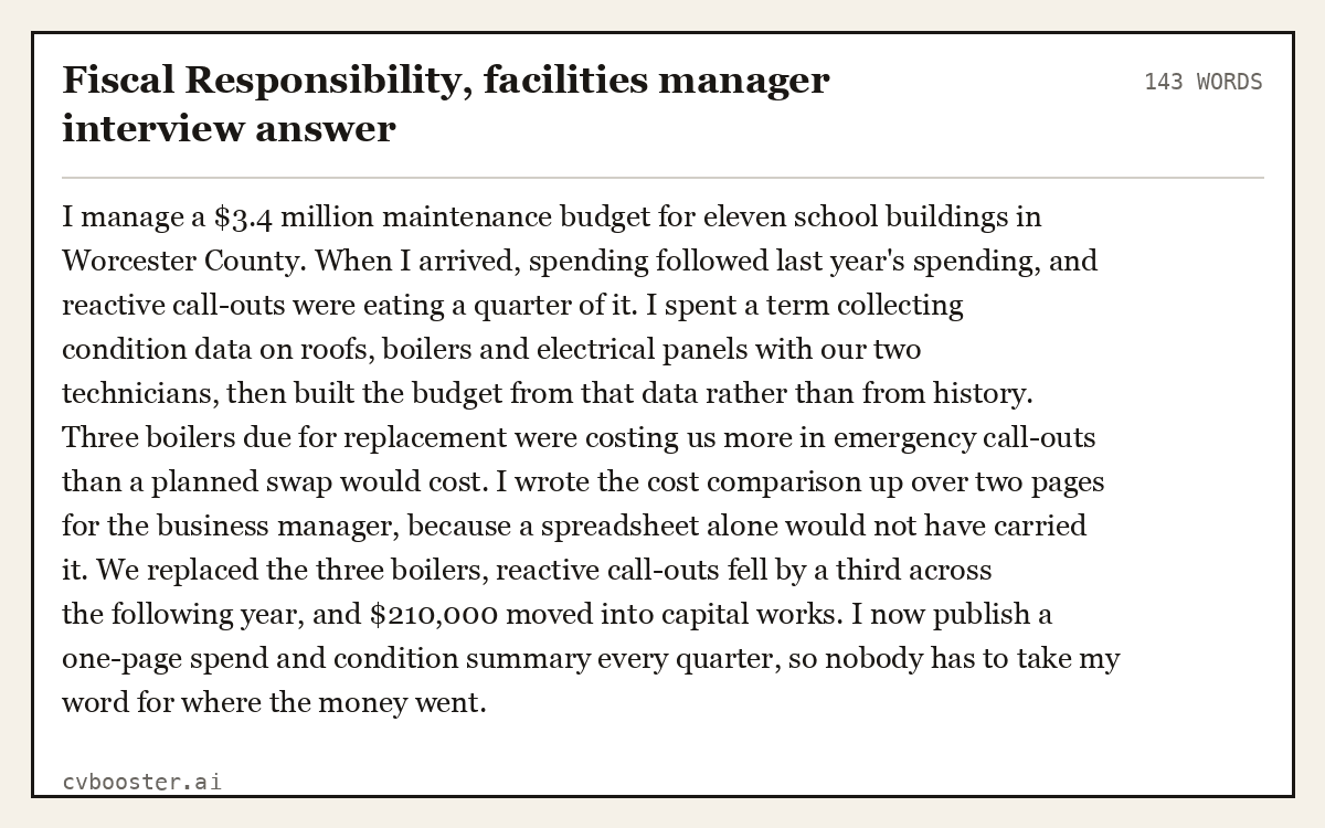 Complete Fiscal Responsibility, facilities manager interview answer example, 143 words, laid out as it would sit in the application form