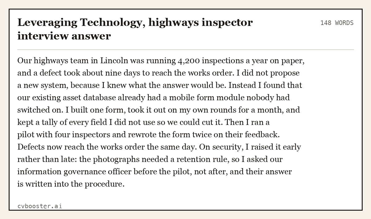 Complete Leveraging Technology, highways inspector interview answer example, 148 words, laid out as it would sit in the application form